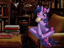 Size: 1024x768 | Tagged: safe, artist:buttercupsaiyan, twilight sparkle, g4, anatomically incorrect, blushing, book, coffee, cup, drinking, female, flexible, hoof hold, incorrect leg anatomy, looking at you, mug, sitting, solo, spread legs