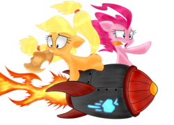 Size: 2800x2000 | Tagged: safe, artist:dfectivedvice, artist:dragonfoorm, applejack, pinkie pie, g4, colored, high res, rocket, simple background, transparent background