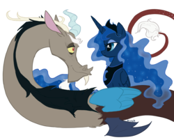 Size: 4168x3356 | Tagged: safe, artist:precosiouschild, discord, princess luna, g4, eye contact, female, male, ship:lunacord, shipping, simple background, straight