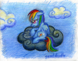 Size: 4329x3381 | Tagged: safe, artist:easeldoodle, rainbow dash, g4, cloud, cloudy, female, solo, traditional art