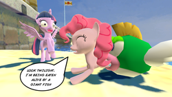 Size: 1280x720 | Tagged: artist needed, safe, pinkie pie, twilight sparkle, alicorn, pony, g4, 3d, deep-cheep, del fino airstrip, female, freak out, gmod, isle delfino, mare, pinkie prey, super mario bros., super mario sunshine, twilight sparkle (alicorn), vore