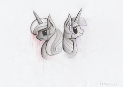 Size: 3507x2480 | Tagged: safe, artist:pumpkinkikile, twilight sparkle, oc, oc:silverlay, original species, umbra pony, g4, duality, high res, traditional art