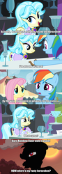 Size: 711x2000 | Tagged: safe, screencap, fluttershy, olden pony, rainbow dash, g4, sleepless in ponyville, trade ya!, horseshoes, rusty horseshoe, screencap comic