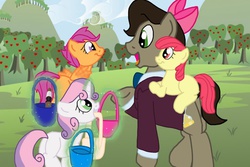 Size: 1024x684 | Tagged: safe, artist:biosonic100, apple bloom, doctor whooves, scootaloo, sweetie belle, time turner, earth pony, pegasus, pony, unicorn, g4, bowtie, clothes, doctor who, easter, eleventh doctor, female, filly, frock coat, male, ponified, shirt, sonic screwdriver, stallion, the doctor