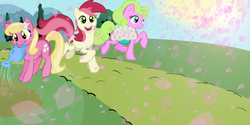 Size: 3000x1500 | Tagged: safe, artist:starfox365, daisy, flower wishes, lily, lily valley, roseluck, g4, female, flower, flower trio, mouth hold, trio, trio female, watering can