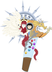 Size: 2796x3894 | Tagged: safe, artist:jewelsfriend, discord, oc, g4, castiel, clock, fal'cie, final fantasy, final fantasy xiii, high res, lauren faust, orphan, parody, supernatural