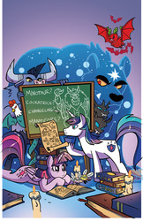 Size: 800x1236 | Tagged: safe, artist:angieness, artist:chad thomas, idw, shining armor, twilight sparkle, alicorn, bear, changeling, cockatrice, manticore, minotaur, parasprite, pony, ursa, ursa minor, vampire fruit bat, g4, chalkboard, female, male, mare, monster, prone, stallion, twilight sparkle (alicorn)