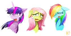 Size: 1000x507 | Tagged: safe, artist:radioactive-k, fluttershy, rainbow dash, twilight sparkle, pony, g4, bust, colored pupils, crying, floppy ears, hair over one eye, open mouth, portrait, sad, simple background, trio, white background, wide eyes, windswept mane