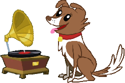 Size: 265x176 | Tagged: safe, winona, dog, g4, animated, female, her master's voice, his master's voice, logo parody, phonograph, record player, simple background, solo, transparent background