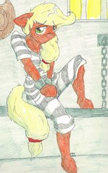 Size: 1024x1632 | Tagged: safe, artist:spark-theory, applejack, earth pony, anthro, g4, arm hooves, chains, clothes, cuffs, female, freckles, piercing, prison, prison outfit, prison stripes, prisoner, prisoner aj, sad, solo, traditional art