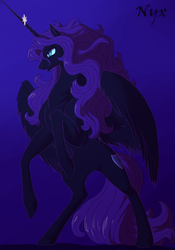 Size: 911x1300 | Tagged: safe, artist:leovictor, artist:php131, color edit, oc, oc only, oc:nyx, alicorn, pony, :o, alicorn oc, collaboration, colored, glare, messy mane, older, older nyx, open mouth, rearing, serious, solo, spread wings