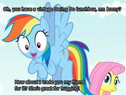 Size: 1024x774 | Tagged: safe, edit, edited screencap, screencap, fluttershy, rainbow dash, pegasus, pony, g4, trade ya!, betrayal, bronybait, female, image macro, mare, meme, mr. brony, rainbow douche, slavery