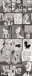 Size: 1280x2984 | Tagged: safe, artist:otterlore, rainbow dash, rarity, twilight sparkle, drider, monster pony, original species, spider, spiderpony, g4, apology, cave, comic, filly, grayscale, monochrome, scared, species swap, spiderponyrarity, tumblr, turned head