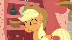 Size: 640x360 | Tagged: safe, screencap, applejack, earth pony, pony, g4, look before you sleep, season 1, animated, applejack's hat, cowboy hat, cute, eating, eyes closed, female, golden oaks library, hat, jackabetes, mare, nom, smiling, solo