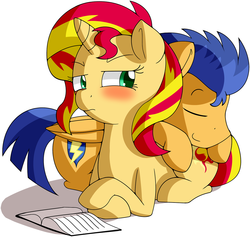 Size: 1280x1213 | Tagged: safe, artist:furrgroup, flash sentry, sunset shimmer, pegasus, pony, unicorn, g4, backwards cutie mark, blushing, book, butt pillow, cute, diasentres, duo, eyes closed, female, lying down, lying on top of someone, male, mare, prone, ship:flashimmer, shipping, simple background, sleeping, smiling, stallion, straight, tsundere, tsunset shimmer, white background