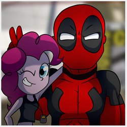 Size: 894x894 | Tagged: safe, artist:fj-c, pinkie pie, equestria girls, g4, comic con, crossover, deadpool, midriff, pinkiepool (pairing)