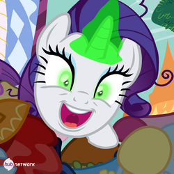 Size: 550x550 | Tagged: safe, screencap, rarity, pony, unicorn, g4, inspiration manifestation, official, corrupted, cropped, faic, female, glowing horn, green eyes, horn, hub logo, inspirarity, mare, possessed, slasher smile, solo, the hub