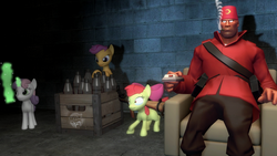 Size: 1366x768 | Tagged: safe, artist:fezwearingdoctor, apple bloom, scootaloo, sweetie belle, g4, 3d, babysitting, cigar, cutie mark crusaders, fez, gmod, hat, rocket launcher, rockets, smoking, soldier, soldier (tf2), team fortress 2