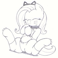 Size: 1280x1292 | Tagged: safe, artist:an-tonio, derpibooru exclusive, fluttershy, nekomata, youkai, g4, :3, bell, bell collar, cat ears, catsuit, clothes, collar, cute, eyes closed, female, fluttercat, monochrome, nya, shyabetes, sitting, smiling, socks, solo, traditional art