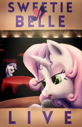 Size: 1618x2500 | Tagged: safe, artist:fox-moonglow, rarity, sweetie belle, g4, microphone, older, poster, singing