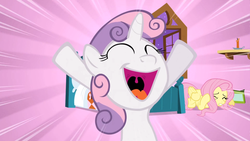 Size: 960x540 | Tagged: safe, screencap, fluttershy, sweetie belle, g4, stare master, hush now quiet now, open mouth, uvula