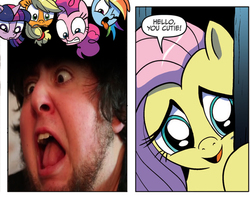 Size: 1310x1030 | Tagged: safe, idw, applejack, fluttershy, pinkie pie, rainbow dash, twilight sparkle, g4, spoiler:comic, ech, exploitable meme, fluttershy's cutie, goosebumps, jontron, jontron thread, meme