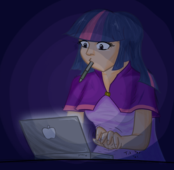 Size: 900x878 | Tagged: safe, artist:go4moo, twilight sparkle, human, g4, a twilight landing, computer, female, humanized, laptop computer, madverse, pen, solo