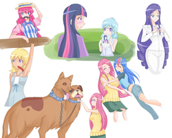 Size: 1400x1123 | Tagged: safe, artist:jonfawkes, chirpy hooves, cotton cloudy, fluttershy, pinkie pie, rainbow dash, rarity, twilight sparkle, dog, human, orthros, g4, trade ya!, bowtie, clothes, fake moustache, hat, hug, humanized, midriff, multiple heads, picture, quill, scene interpretation, skirt, sleeveless turtleneck, sweatershy, twilight sparkle (alicorn), two heads