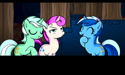 Size: 800x480 | Tagged: safe, artist:marcusmaximus, lyra heartstrings, minuette, twinkleshine, pony, unicorn, minty fresh adventure, g4, cross-popping veins, eyes closed, frown, glare, grin, laughing, open mouth, pony platforming project, smiling, unamused