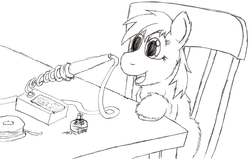 Size: 1442x918 | Tagged: safe, artist:fluffsplosion, fluffy pony, impending doom, monochrome, soldering iron, solo, stupidity