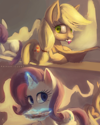 Size: 845x1056 | Tagged: safe, artist:grissaecrim, applejack, rarity, g4, trade ya!, big ears, female, jewelry, lesbian, pie tin, scene interpretation, ship:rarijack, shipping