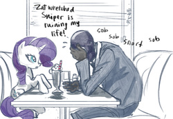 Size: 855x592 | Tagged: safe, artist:multiversecafe, rarity, g4, crossover, crying, dialogue, diner, drink, milkshake, partial color, spy, spy (tf2), table, team fortress 2