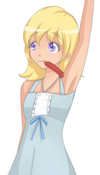 Size: 337x588 | Tagged: safe, artist:jonfawkes, chirpy hooves, human, g4, trade ya!, armpits, chirpabetes, clothes, cute, dress, humanized, mouth hold, quill, solo