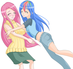 Size: 639x609 | Tagged: safe, artist:jonfawkes, fluttershy, rainbow dash, human, g4, trade ya!, bad anatomy, clothes, cute, dashabetes, humanized, midriff, scene interpretation, shyabetes, skirt, sleeveless turtleneck, someone skipped leg day, sweatershy