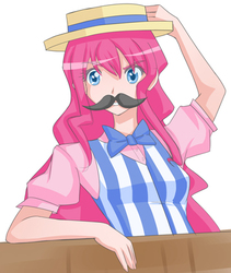 Size: 357x422 | Tagged: safe, artist:jonfawkes, pinkie pie, human, g4, trade ya!, bowtie, clothes, fake moustache, female, hat, humanized, solo