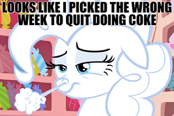 Size: 900x600 | Tagged: safe, screencap, pinkie pie, baby cakes, g4, airplane!, caption, female, flour, image macro, implied, snorting, solo