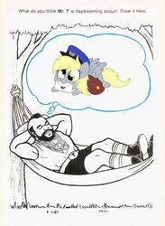 Size: 797x1090 | Tagged: safe, artist:stepandy, derpy hooves, pegasus, pony, g4, bag, cute, dream, female, hat, letter, mail, mare, meme, mouth hold, mr. t, sleeping