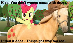 Size: 700x411 | Tagged: safe, edit, apple bloom, applejack, earth pony, horse, pony, g4, apple, apple tree, cute, drugs, family guy, female, filly, food, irl horse, live action applejack, male, tree, vector