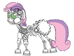 Size: 1091x831 | Tagged: safe, artist:steamcogs, sweetie belle, pony, robot, robot pony, unicorn, g4, female, filly, foal, gears, hooves, horn, simple background, solo, sweetie bot, white background