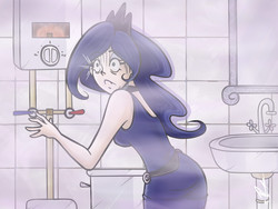 Size: 1024x768 | Tagged: safe, artist:frankaraya, princess luna, human, g4, bathroom, caught, female, frown, humanized, solo, steam, wide eyes