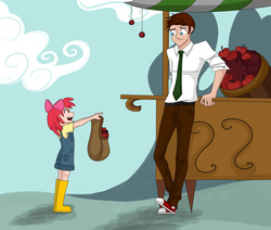 Size: 5200x4400 | Tagged: safe, artist:tao-mell, apple bloom, doctor whooves, time turner, human, call of the cutie, g4, my little pony: friendship is magic, absurd resolution, buy some apples, converse, duo, humanized, scene interpretation