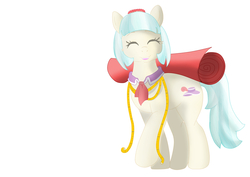 Size: 4092x2893 | Tagged: safe, artist:doppelfischookie, coco pommel, g4, cute, eyes closed, female, fluffy, measuring tape, open mouth, raised hoof, roll, smiling, solo