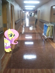 Size: 1944x2592 | Tagged: safe, artist:beauchaine, artist:tokkazutara1164, fluttershy, g4, basket, clothes, doorway, hallway, hospital, irl, photo, ponies in real life, robe, shadow, solo, vector