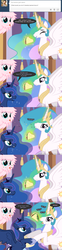 Size: 650x2625 | Tagged: safe, artist:mixermike622, princess celestia, princess luna, oc, oc:fluffle puff, alicorn, pony, tumblr:ask fluffle puff, g4, ask, comic, nom, ponies eating meat, spit, taco, tumblr