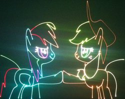 Size: 1003x796 | Tagged: safe, artist:laserpon3, applejack, rainbow dash, g4, hoofbump, laser, photo