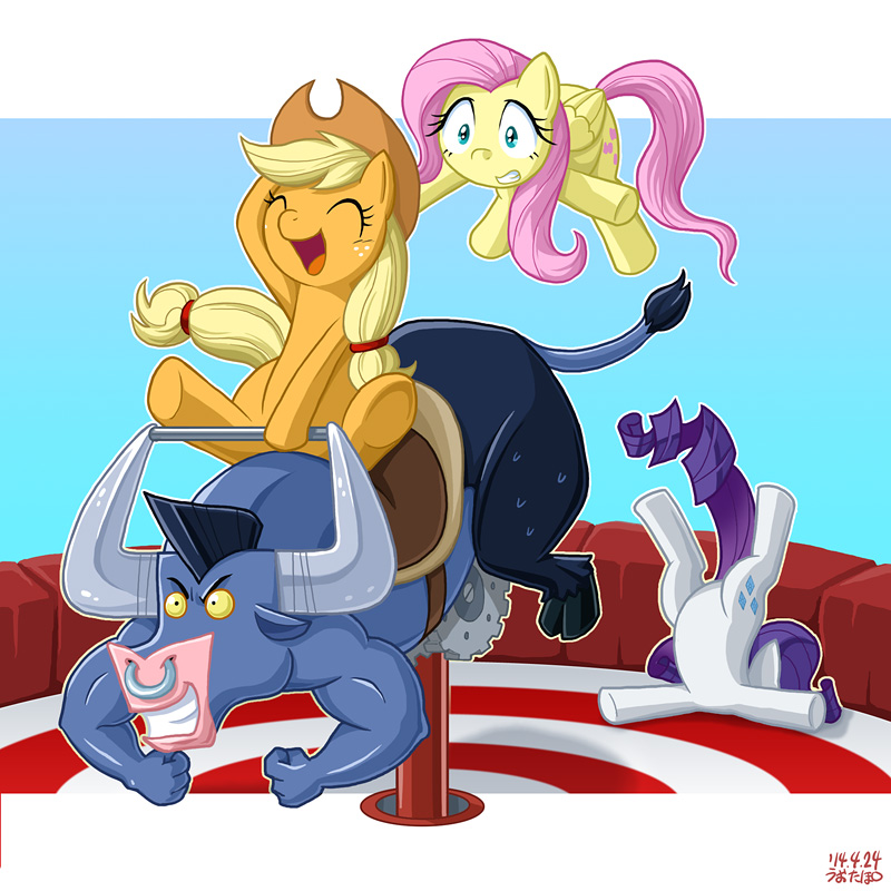 #608631 - safe, artist:uotapo, applejack, fluttershy, iron will, rarity ...