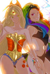 Size: 1181x1748 | Tagged: safe, artist:daikoku, applejack, rainbow dash, human, g4, backlighting, bare shoulders, cosplay, cutie mark on human, dc comics, duo, female, humanized, marvel, ororo monroe, pixiv, sleeveless, storm, storm (marvel), strapless, superhero, wonder woman, wonderjack, x-men