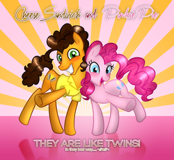 Size: 3000x2770 | Tagged: safe, artist:malimarthemage, artist:vocalmaker, cheese sandwich, pinkie pie, g4, pinkie pride, colorful, female, high res, male, ship:cheesepie, shipping, straight, twins