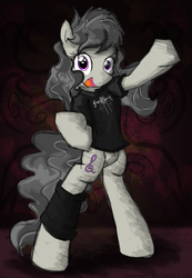 Size: 768x1110 | Tagged: safe, artist:flutterthrash, octavia melody, earth pony, pony, semi-anthro, g4, arm hooves, bipedal, clothes, female, metal, shirt, solo, sonata arctica