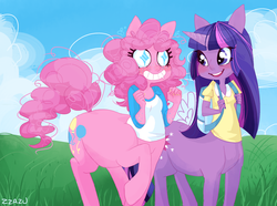 Size: 2000x1485 | Tagged: safe, artist:vita-ex-machina, pinkie pie, twilight sparkle, centaur, g4, eared humanization, horn, horned humanization, humanized, pony coloring, wingding eyes